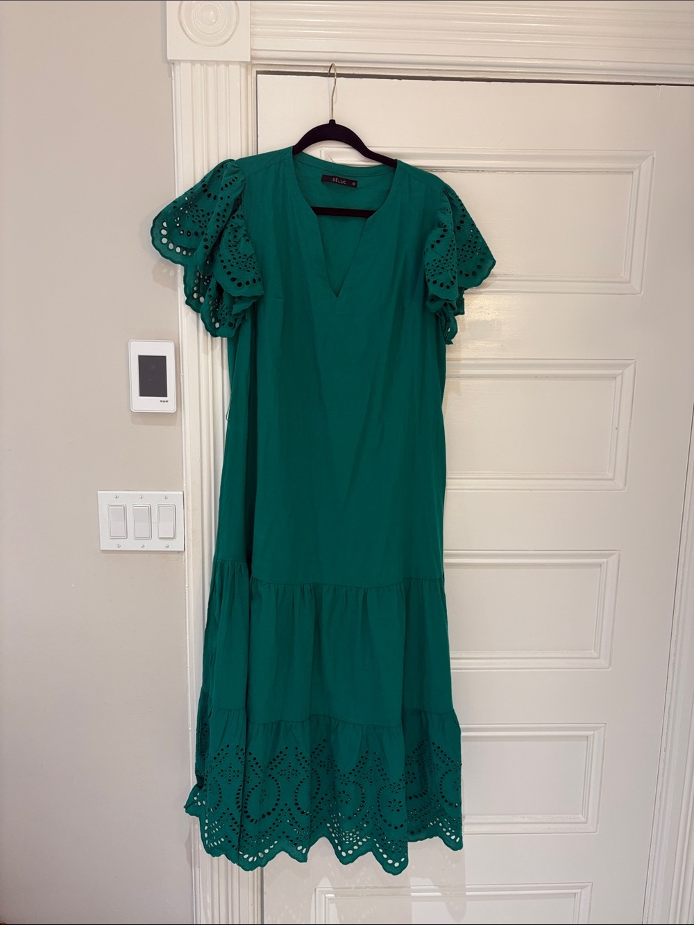 Deluc Teal Eyelet Flutter-Sleeve Maxi Dress 100% coton